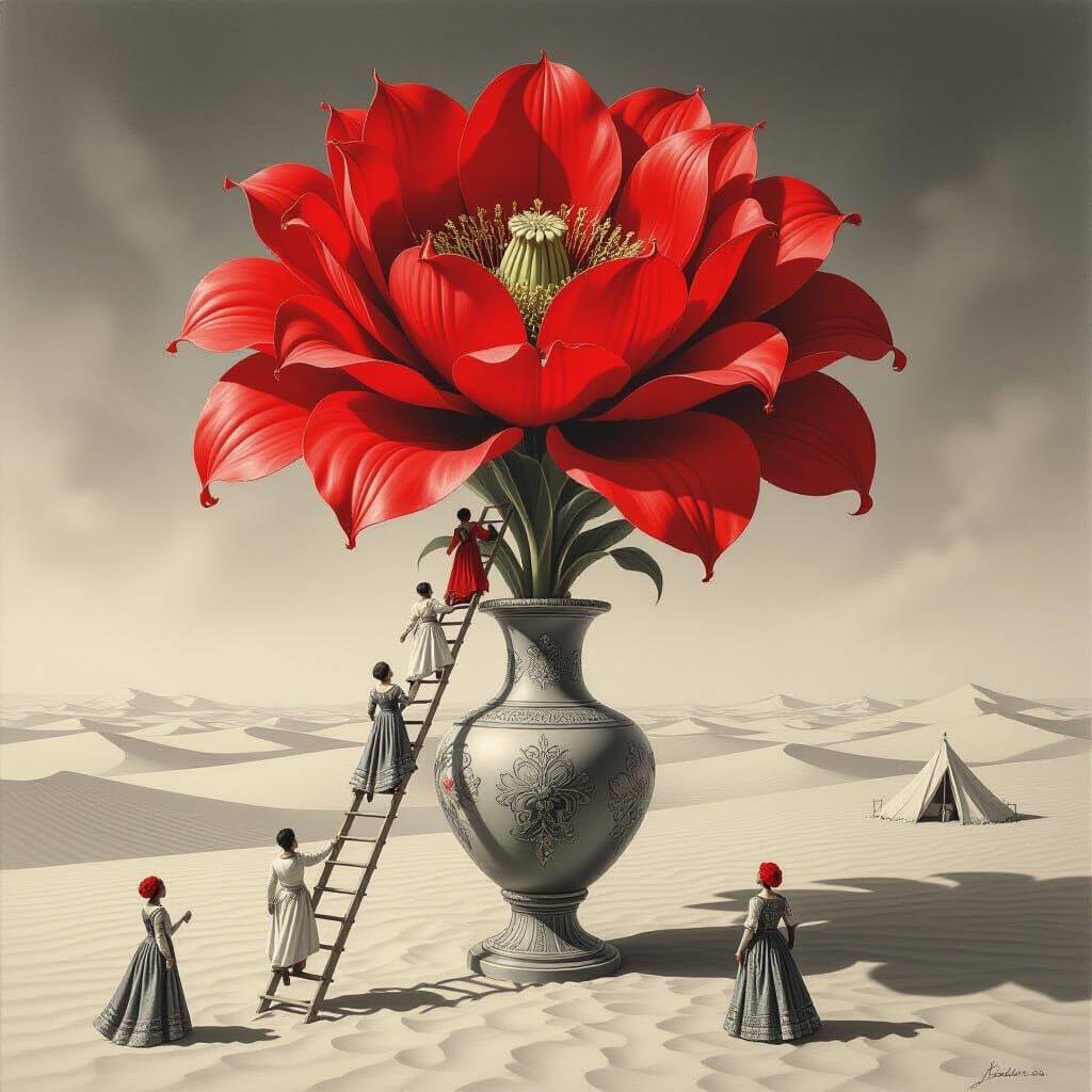 Surreal Baroque Flower in Desert Tent Drawing