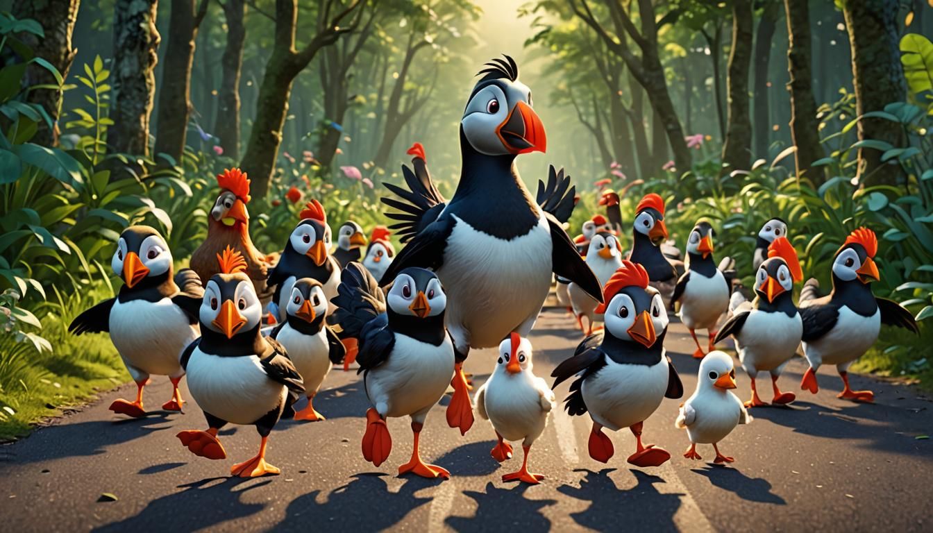 Puffins and Chickens Marathon in Pixar Style