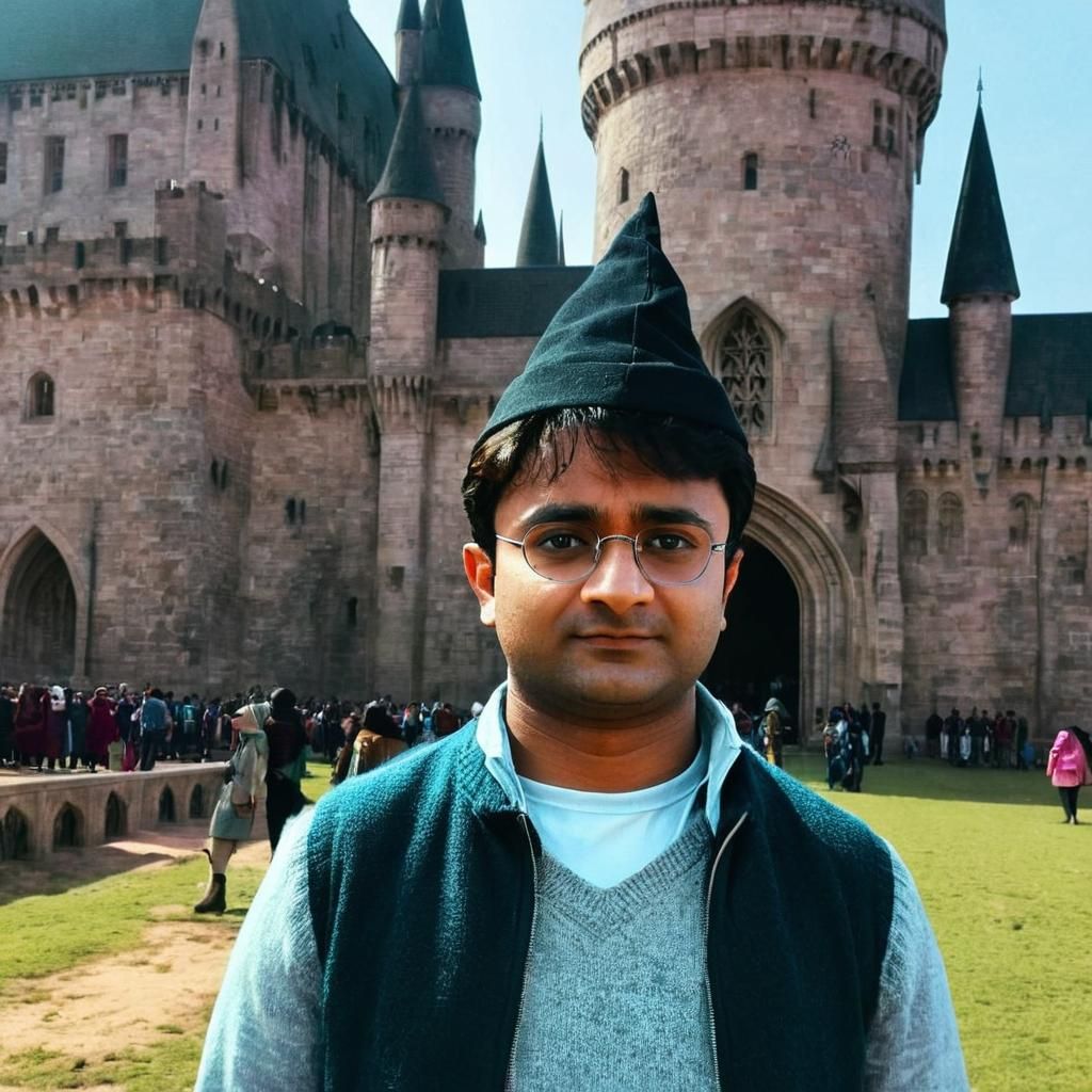 Mystical Wizard Stands Before Hogwarts Castle