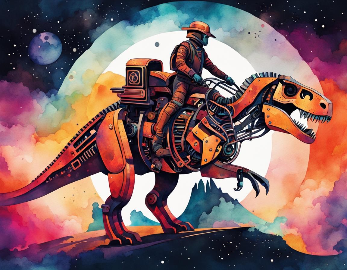 Cyborg Rodeo Rider on Mechanical T-Rex