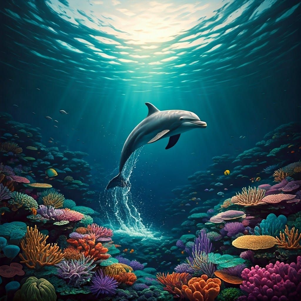 Dolphin's Leap: Underwater Coral Reef Digital Art