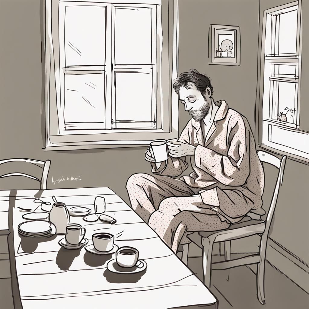 Man in Pajamas Drinks Coffee in Sunlight