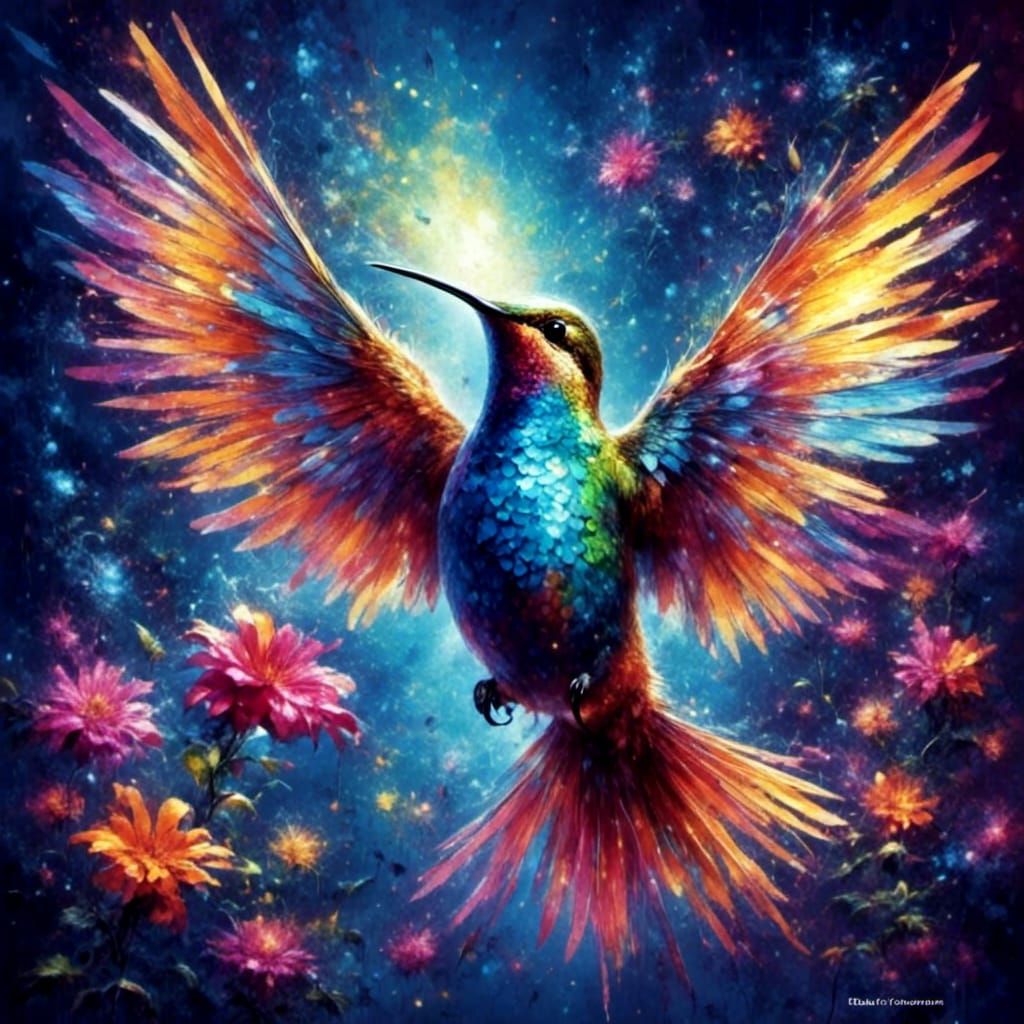 Hummingbird and Trumpet Flowers in Splatter Graffiti