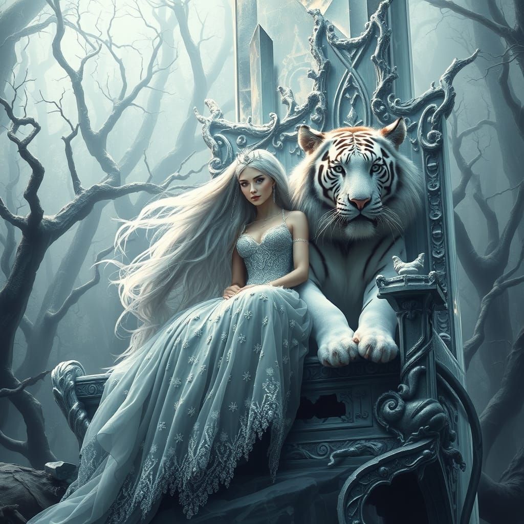 Regal Princess Beside Crystal Throne in Eerie, Dreamlike Rea...