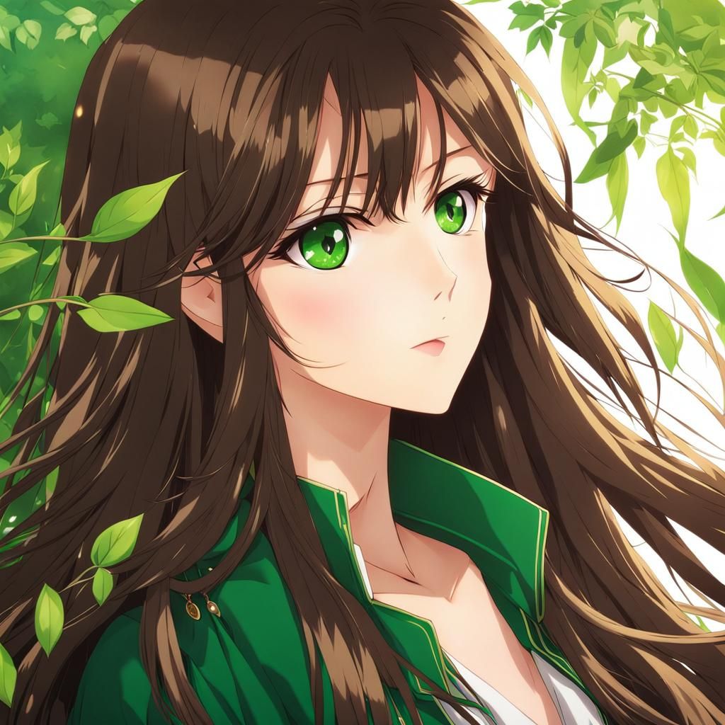 Anime Style Brunette with Long Hair and Green Eyes