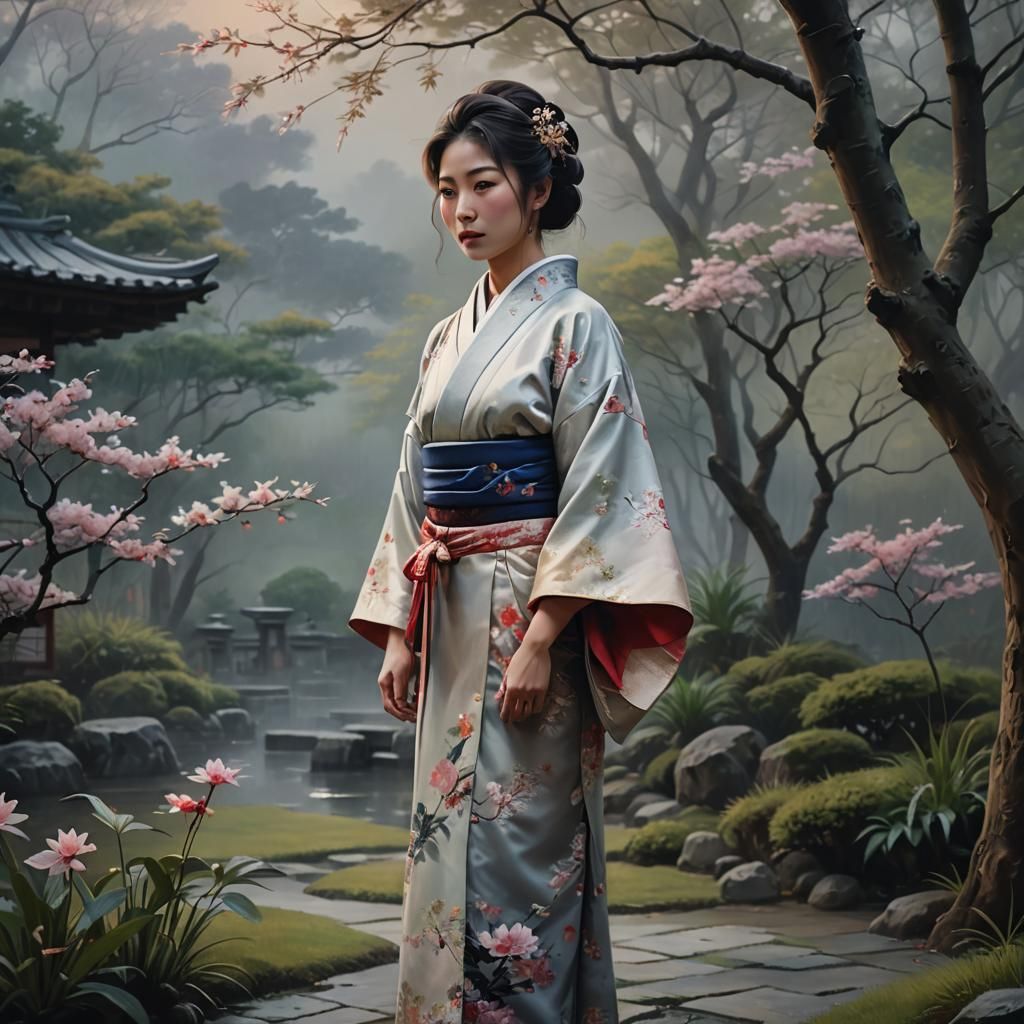 Japanese Princess in Misty Garden: Hyperrealistic Oil Painti...