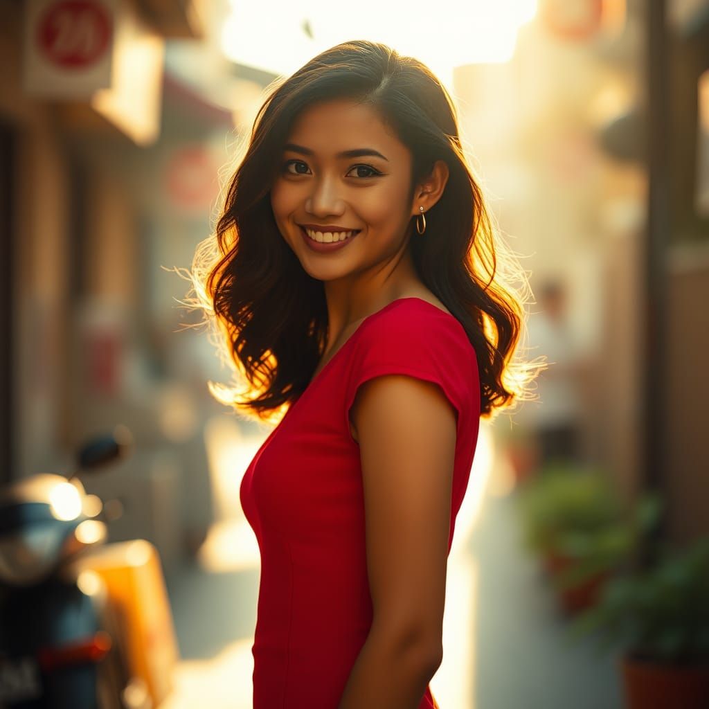 Confident Thai Woman in Red Dress, Cinematic Lighting
