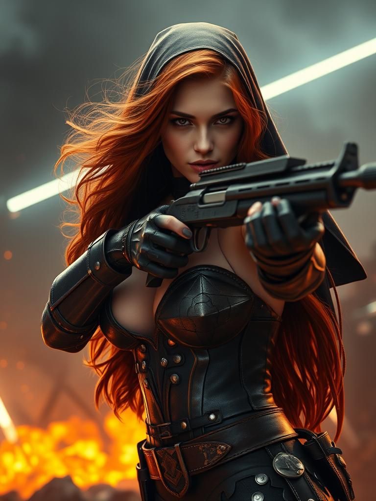 Redhead Warrior Nun in Neon Lit Battlefield