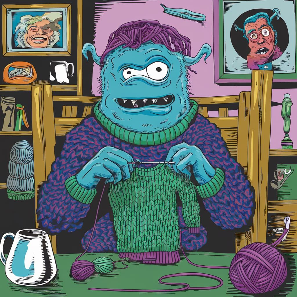 Yarn monster knitting a sweater, pop surrealism