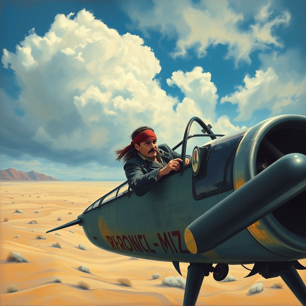 Jack Sparrow Pilots Plane in Surreal Desert Painting