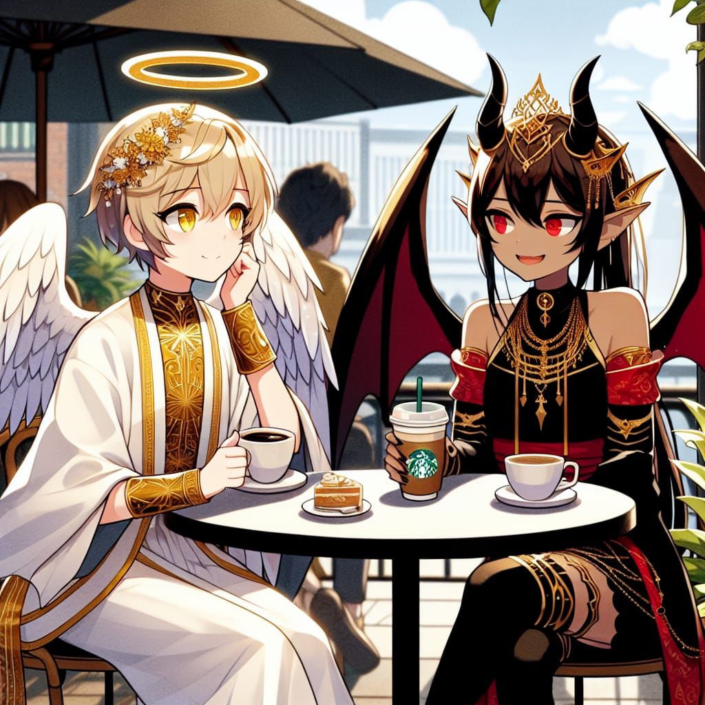 Anime Angel and Demon Coffee Friends
