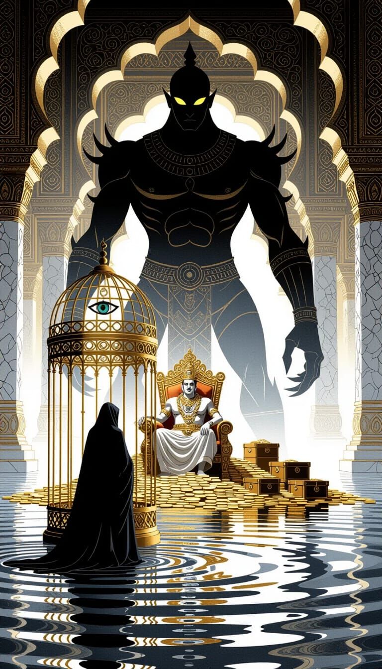 Ornate Golden Cage with Figure on Water, Charcoal Drawing