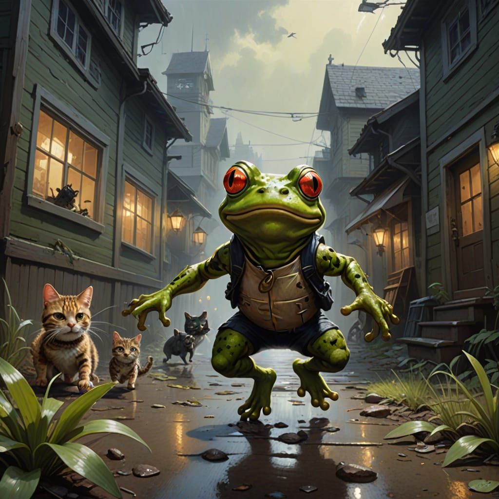 Frog Escapes Feline Menace in Dark Fantasy Scene