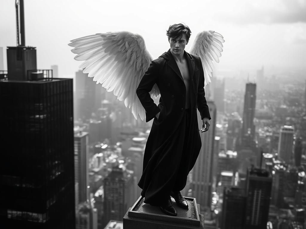 Angelic Guardian Over Metropolis in Infrared Style