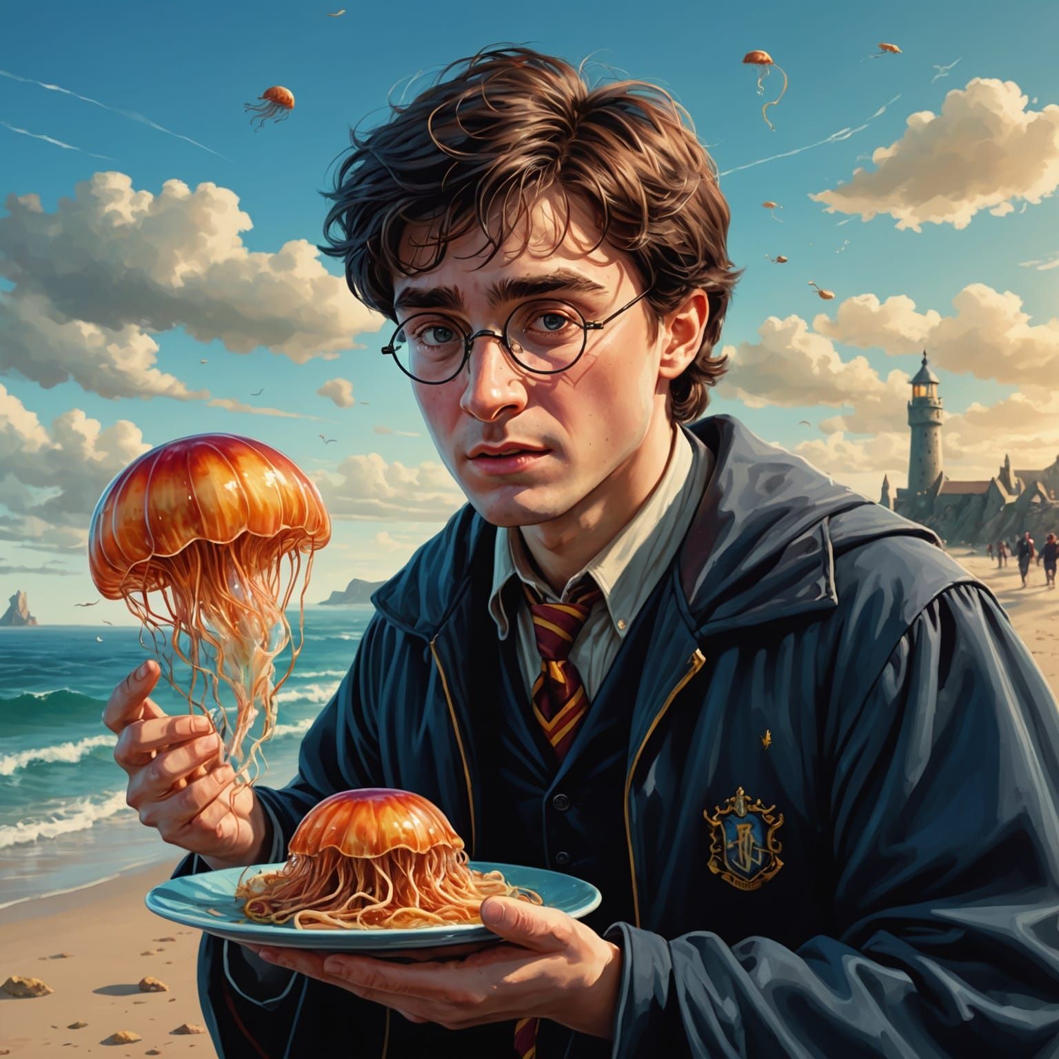 Harry Potter Eats Jellyfish in Hyperrealistic Seascape