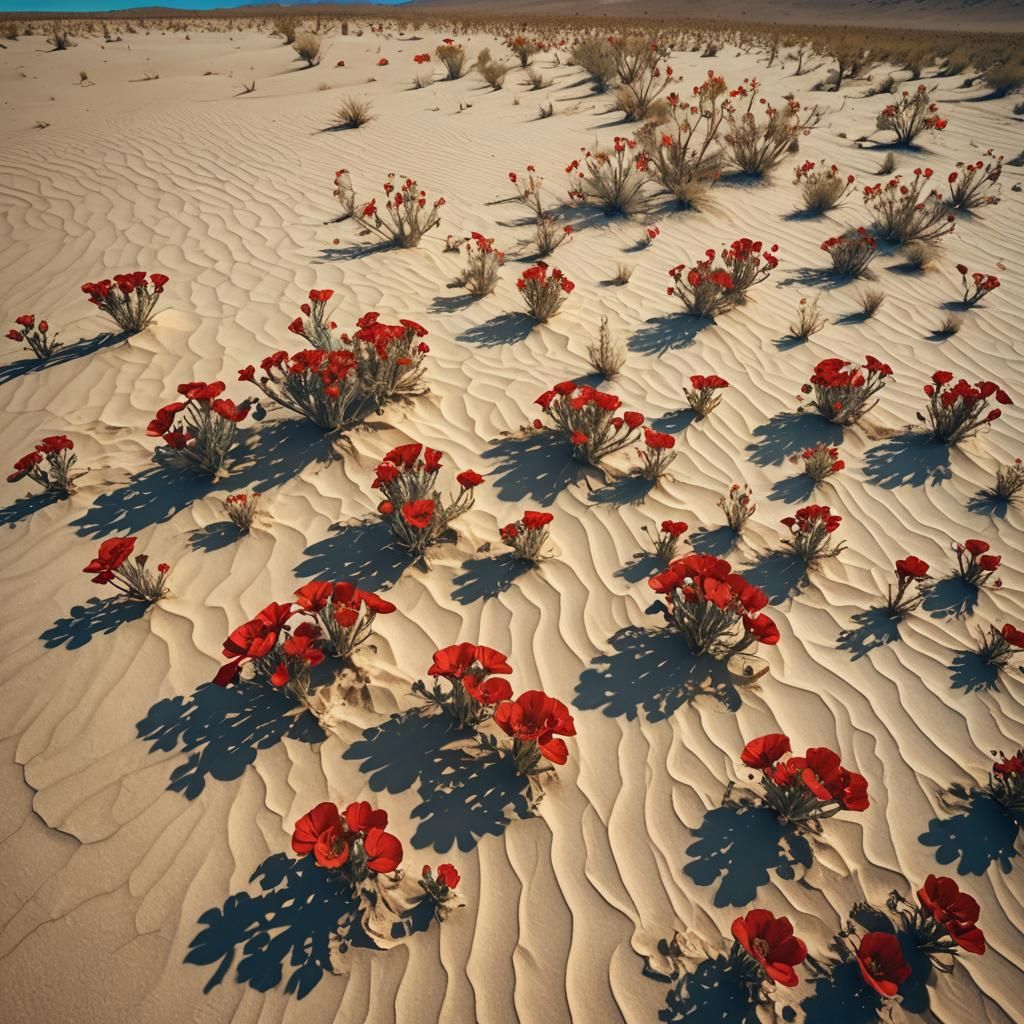 Red Flowers Bloom in Fantasy Desert Landscape