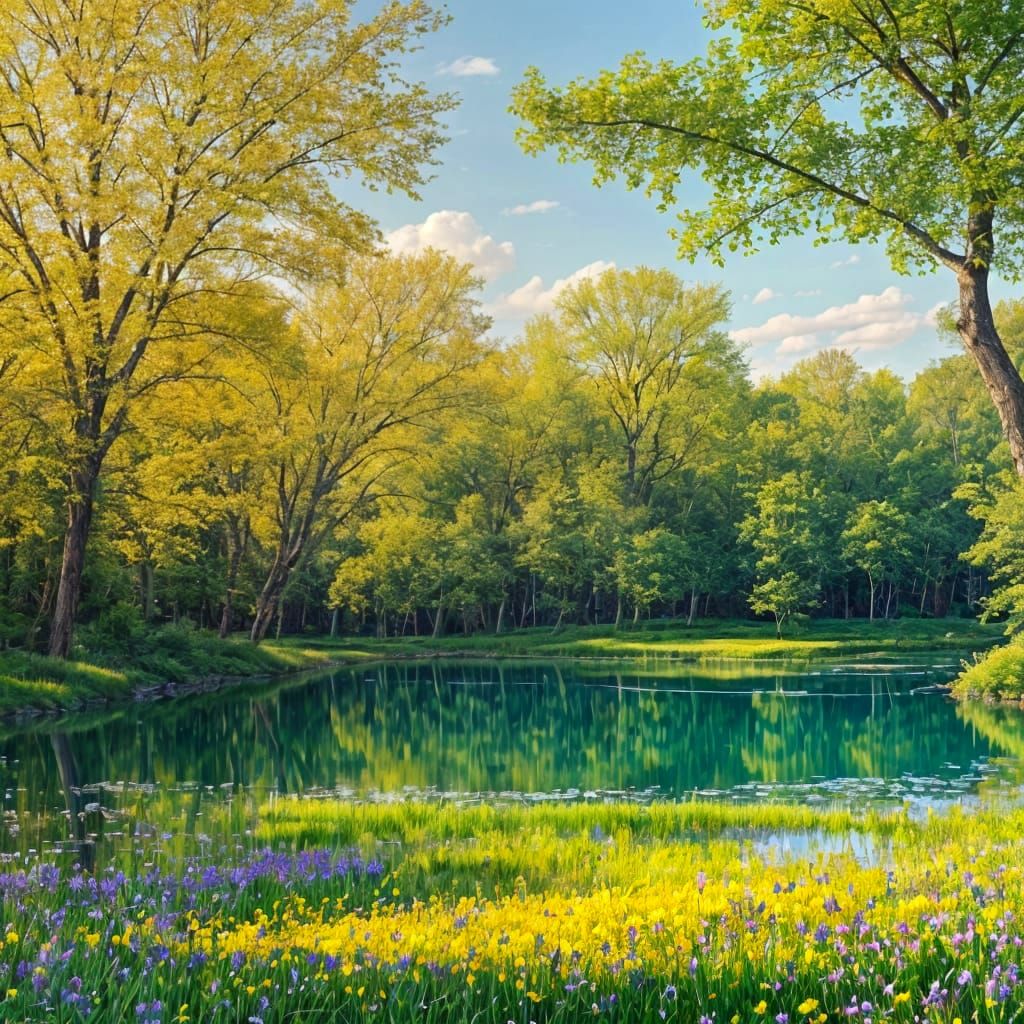 wide shot.  a beautiful green field with a beautiful blue po...