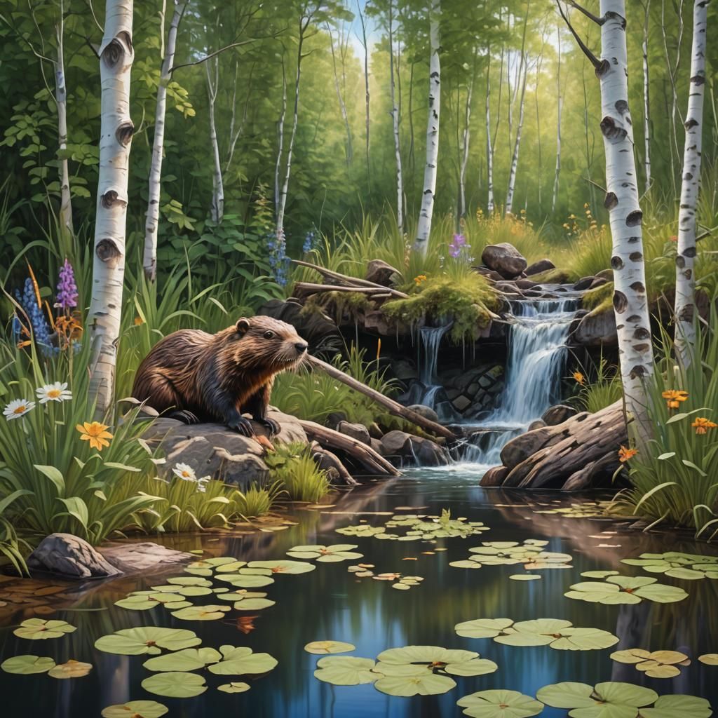 Beaver Pond Paradise: A Maximalist Oil Painting