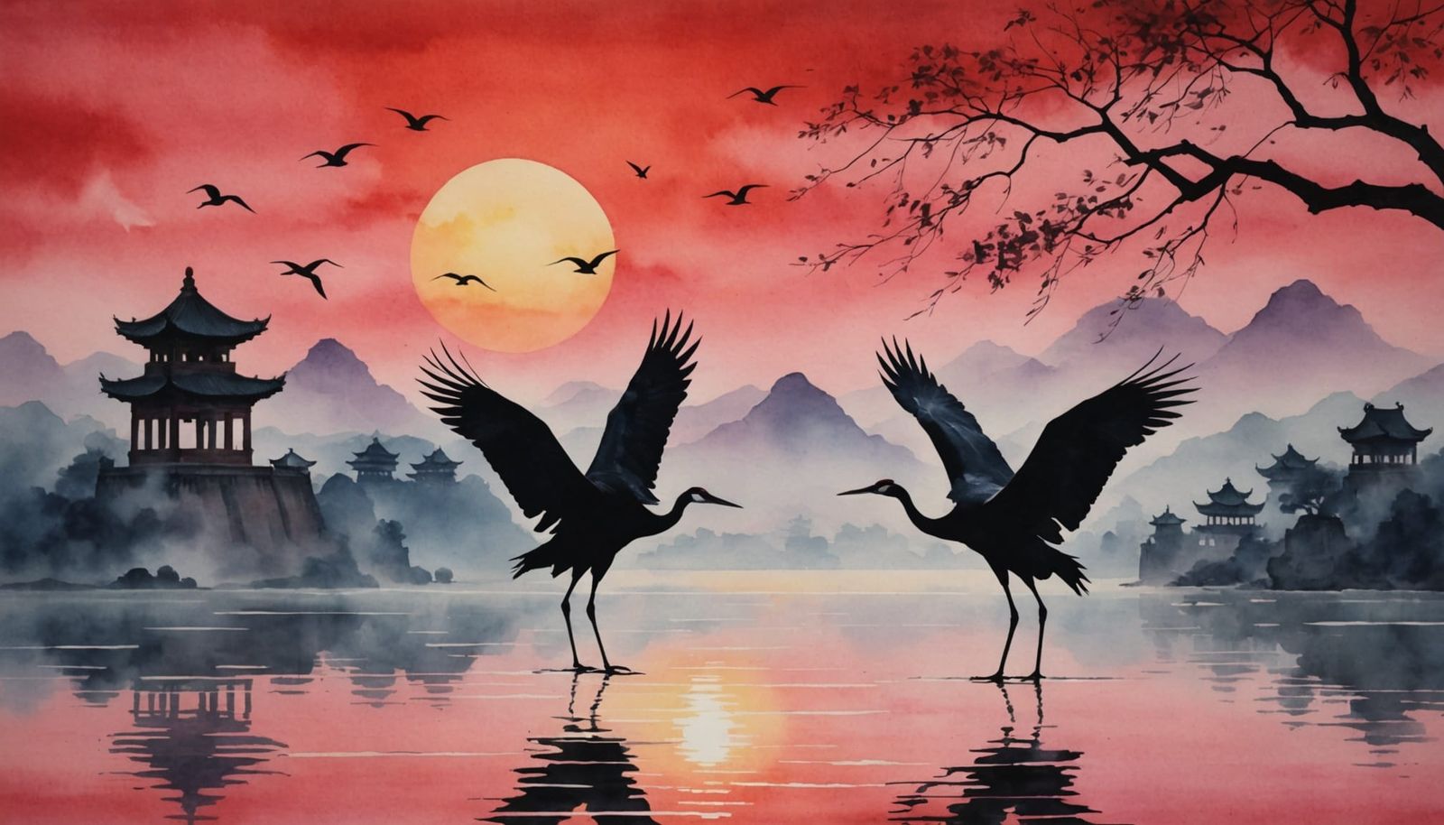 Majestic Cranes Silhouetted at Sunset on the Yangtze