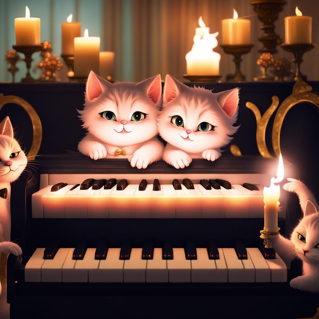 Anthropomorphic Cats Play Piano by Candlelight