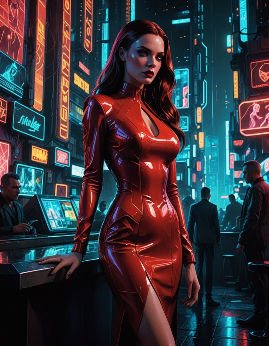 Lady in Red, Cyberpunk Beauty in Futuristic Bar