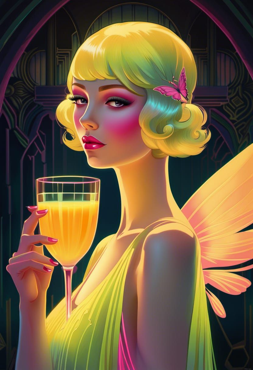 Fairy Flapper with Peach Juice in Synthwave Style