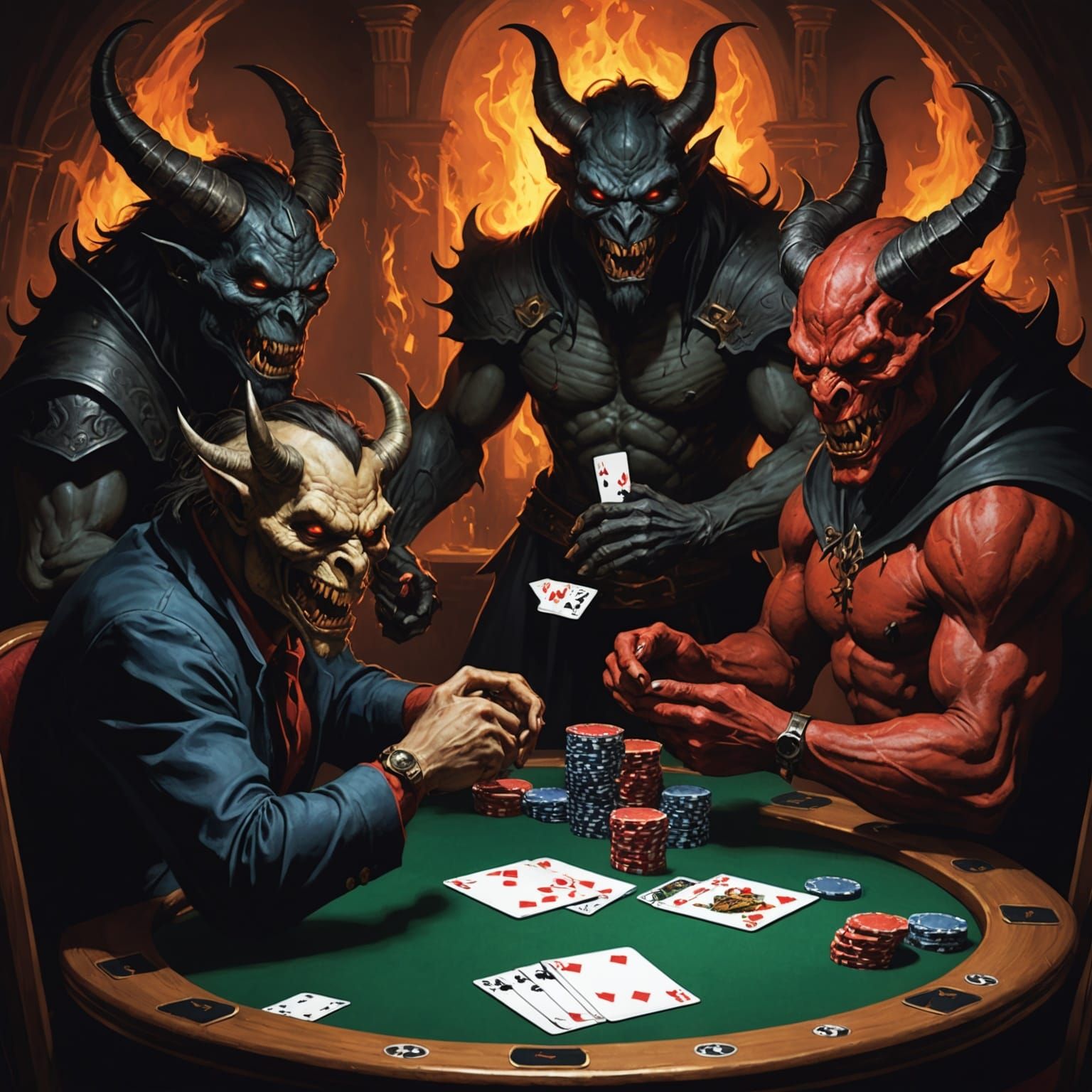 Demons Playing Poker with Four Aces