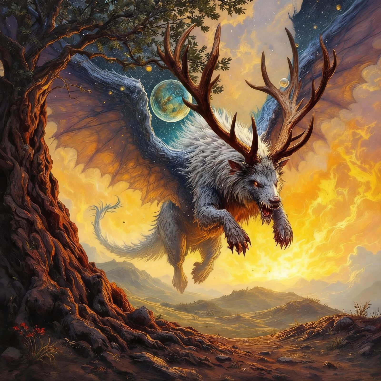 Mythical Chimera With Massive Antlers
