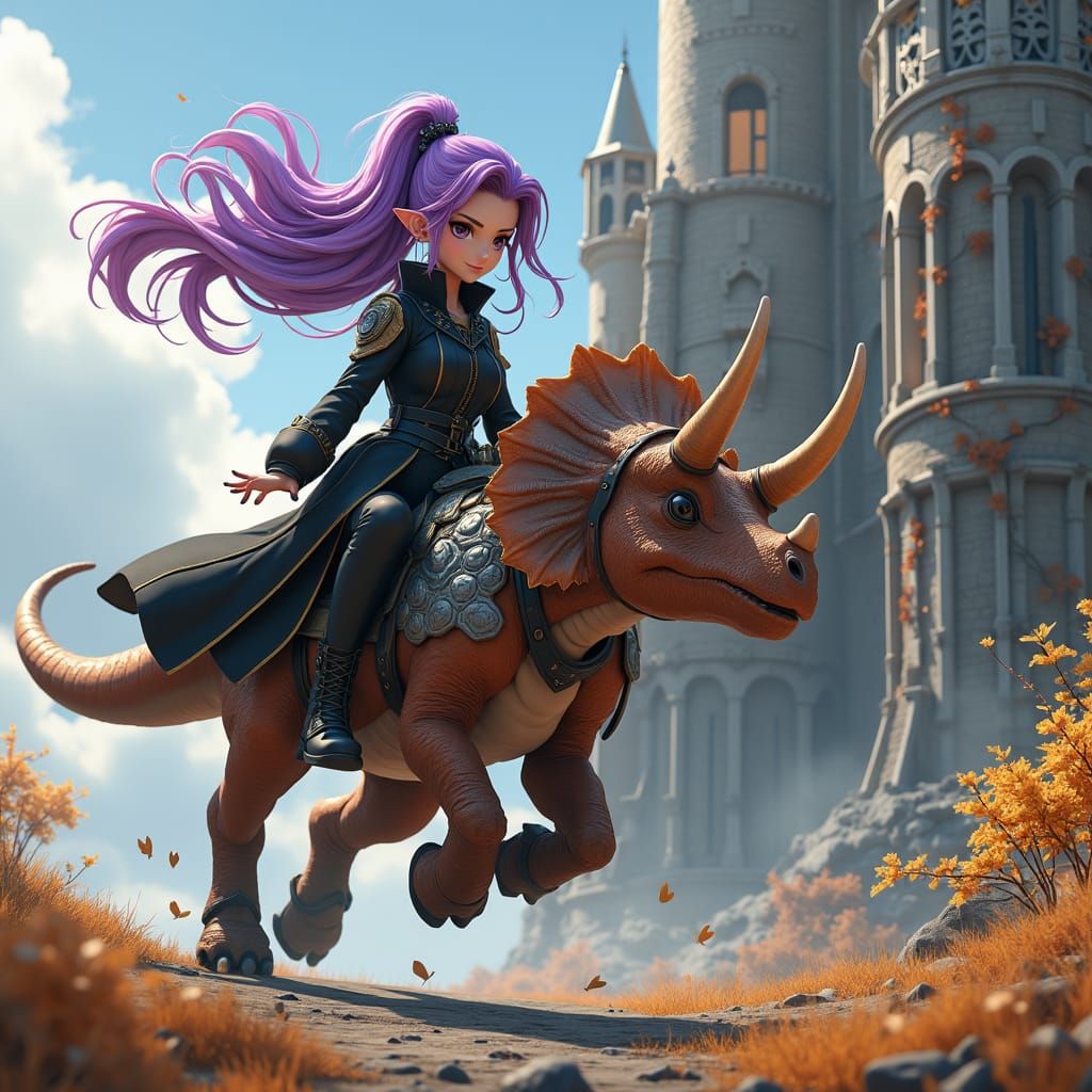 Anime Girl Rides Armored Triceratops near Gothic Castle