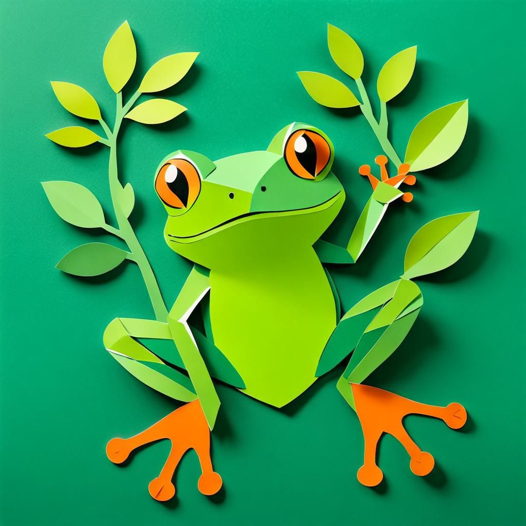 Adorable Papercut Collage of a Green Tree Frog