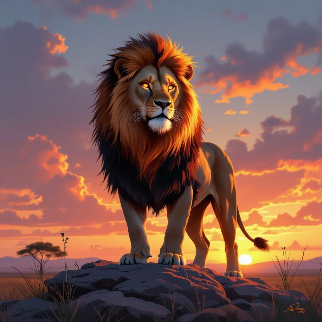 Lion with Fiery Mane at Sunset, Hyperrealistic Digital Art