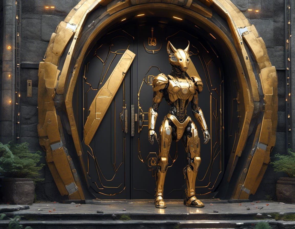 Futuristic Gold Cyborg Dog Guarding Stone Doorway