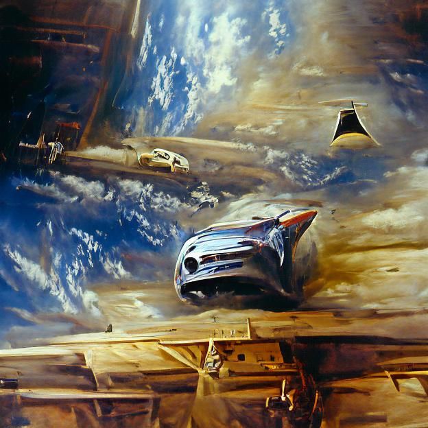 Car Flying in Space: An Imaginative Oil Painting