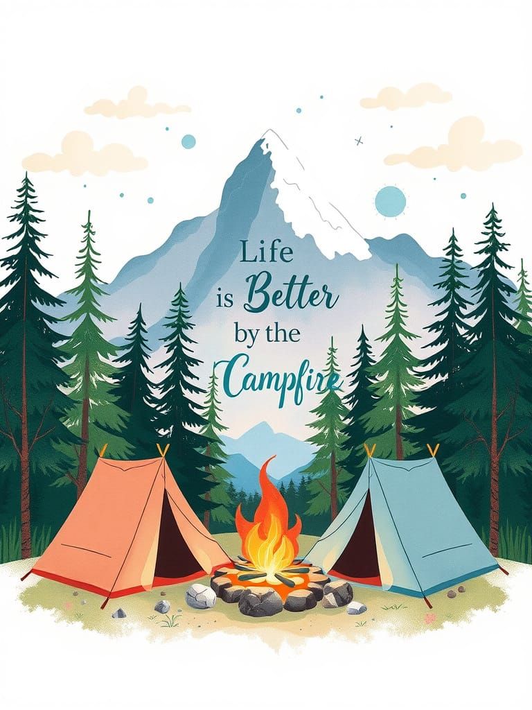 Scenic Camping Illustration with Campfire and Tents