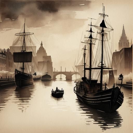Thames Boat Silhouette in Steampunk Ink Painting