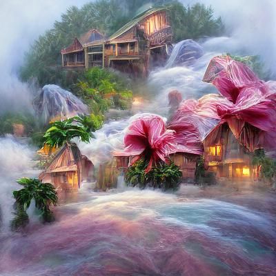 Tropical Island Resort with Waterfalls in Ethereal Style