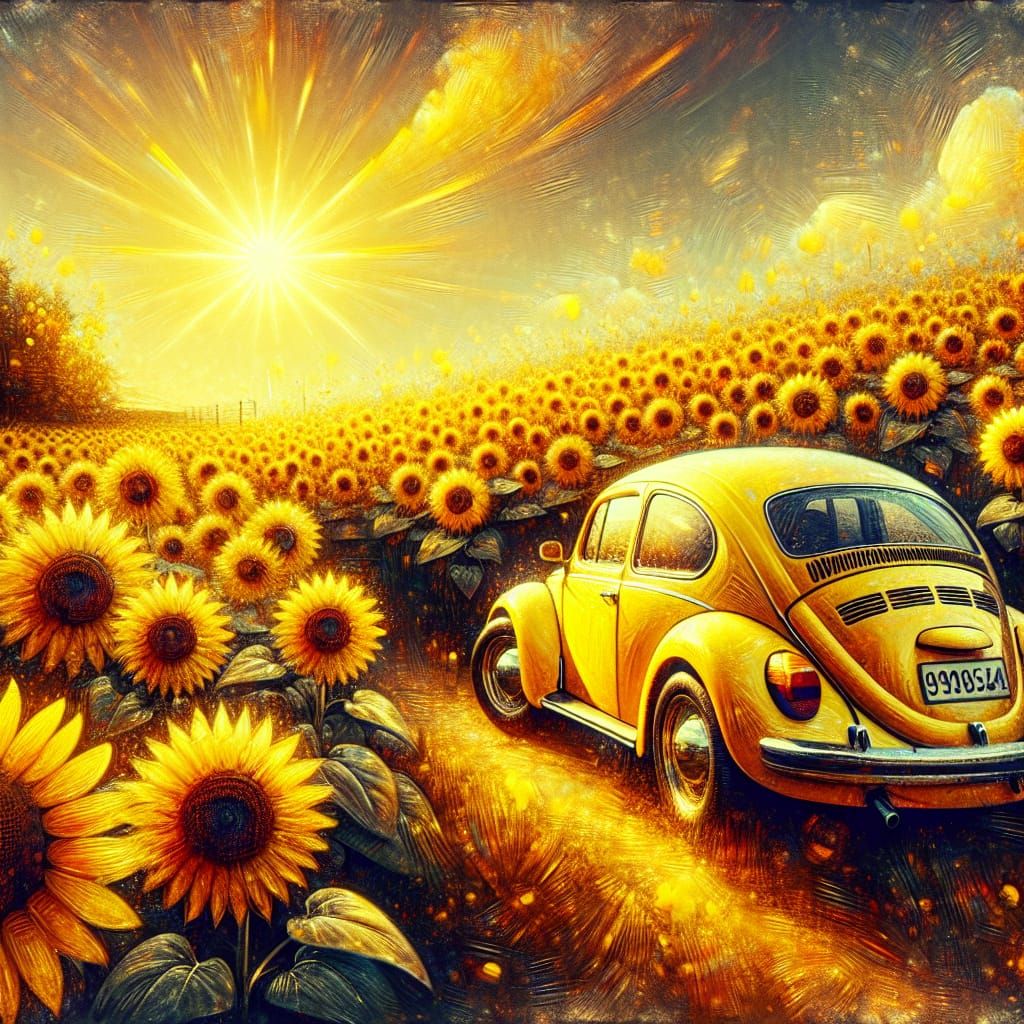 Yellow Beetle in Sunflower Field: Impressionist Digital Art