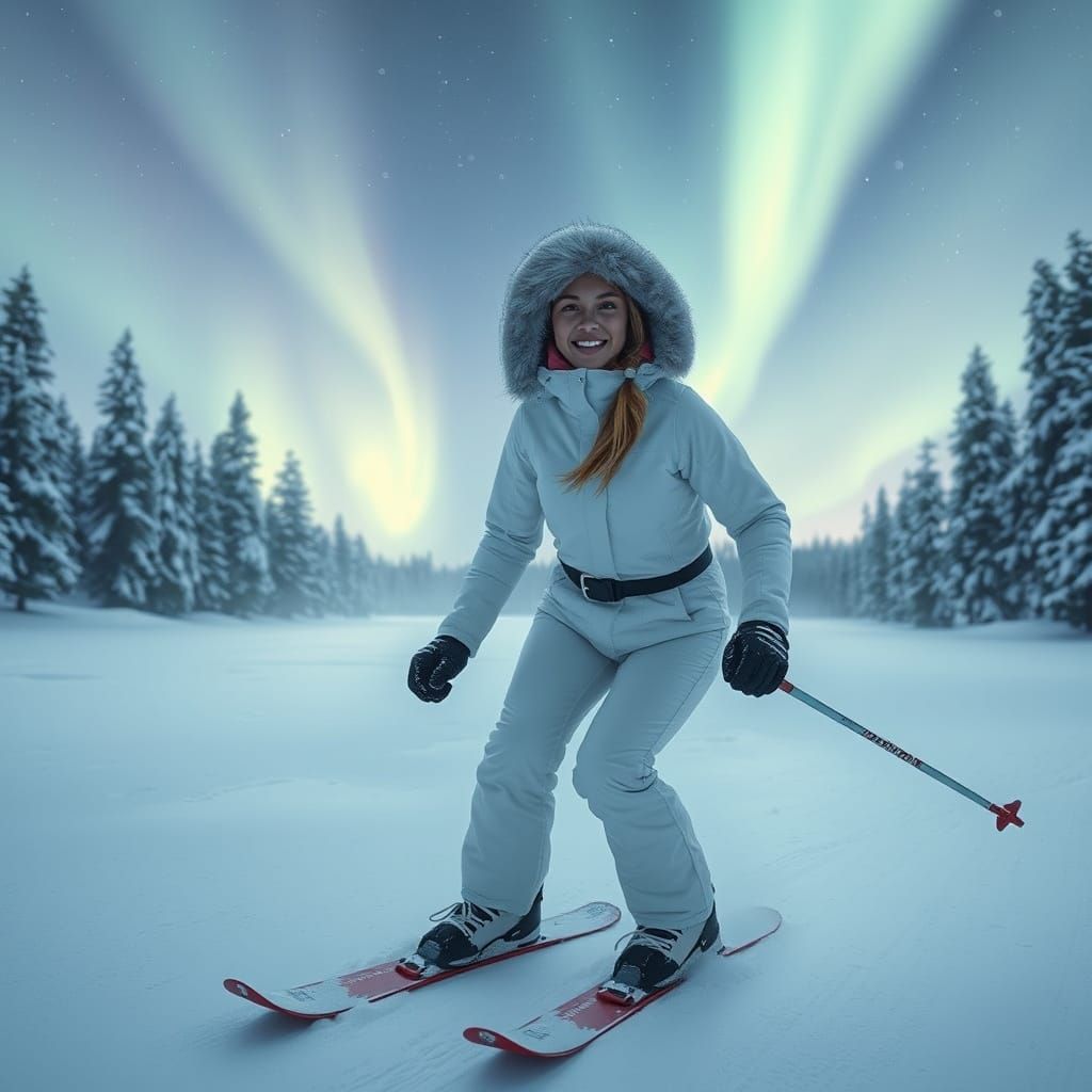 Skiing Goddess Under Northern Lights