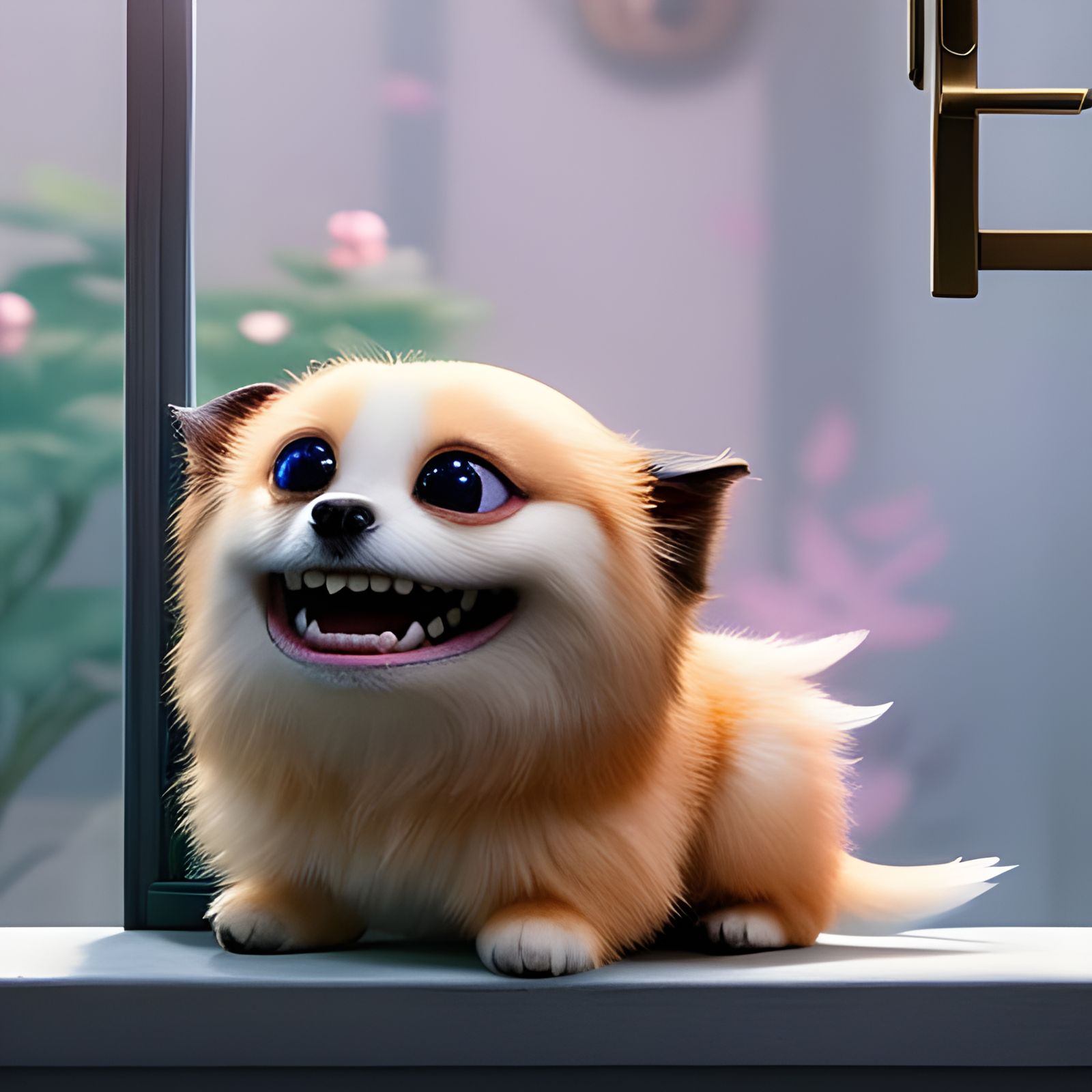 Adorable Smiling Dog at Door: Hyperrealistic Digital Art