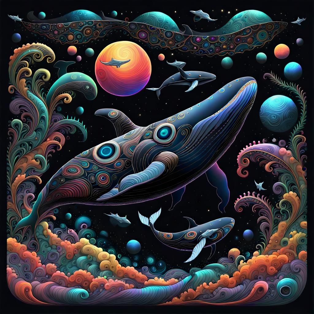 Cosmic Space Whales in Maximalist Digital Painting
