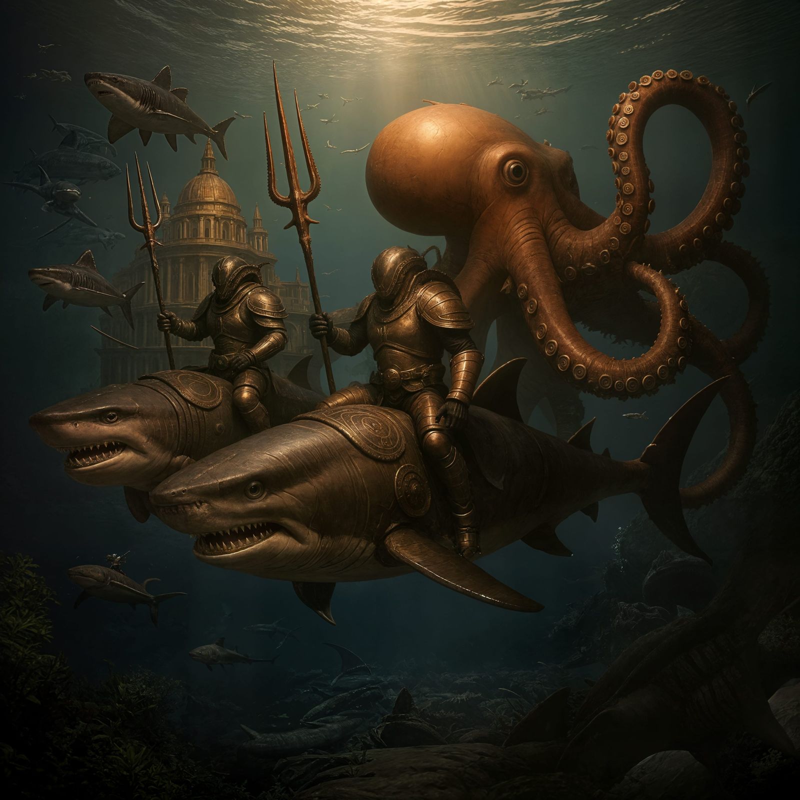 Aquatic Warriors Ride Sharks, Pursued by Giant Octopus