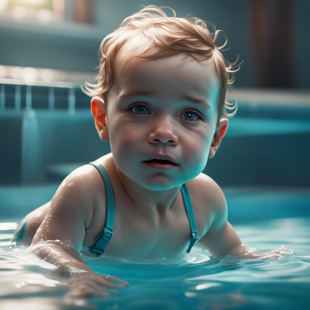 Infant Portrait in Swimming Pool, Detailed Digital Art