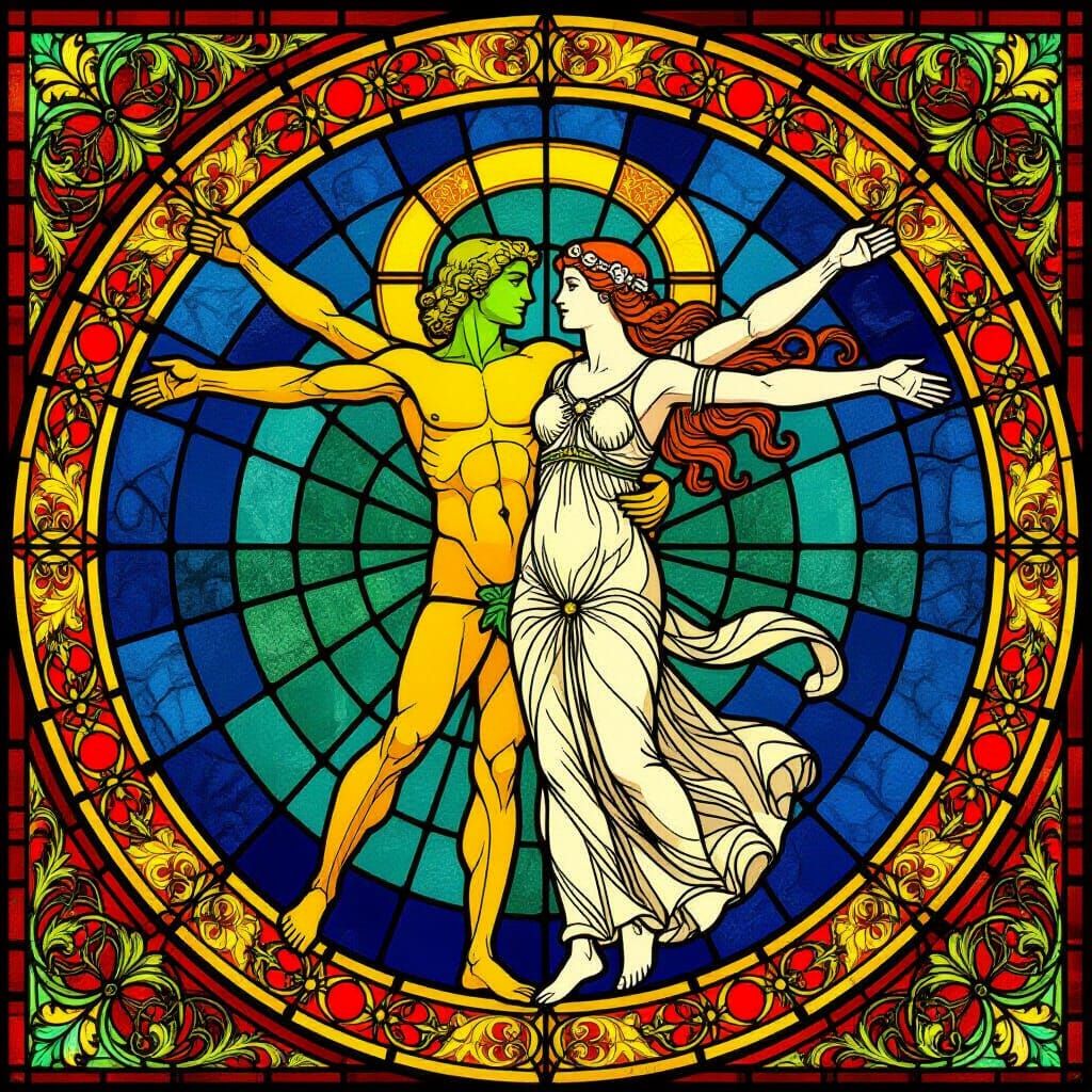 Vitruvian Figure of Opposites in Stained Glass Style