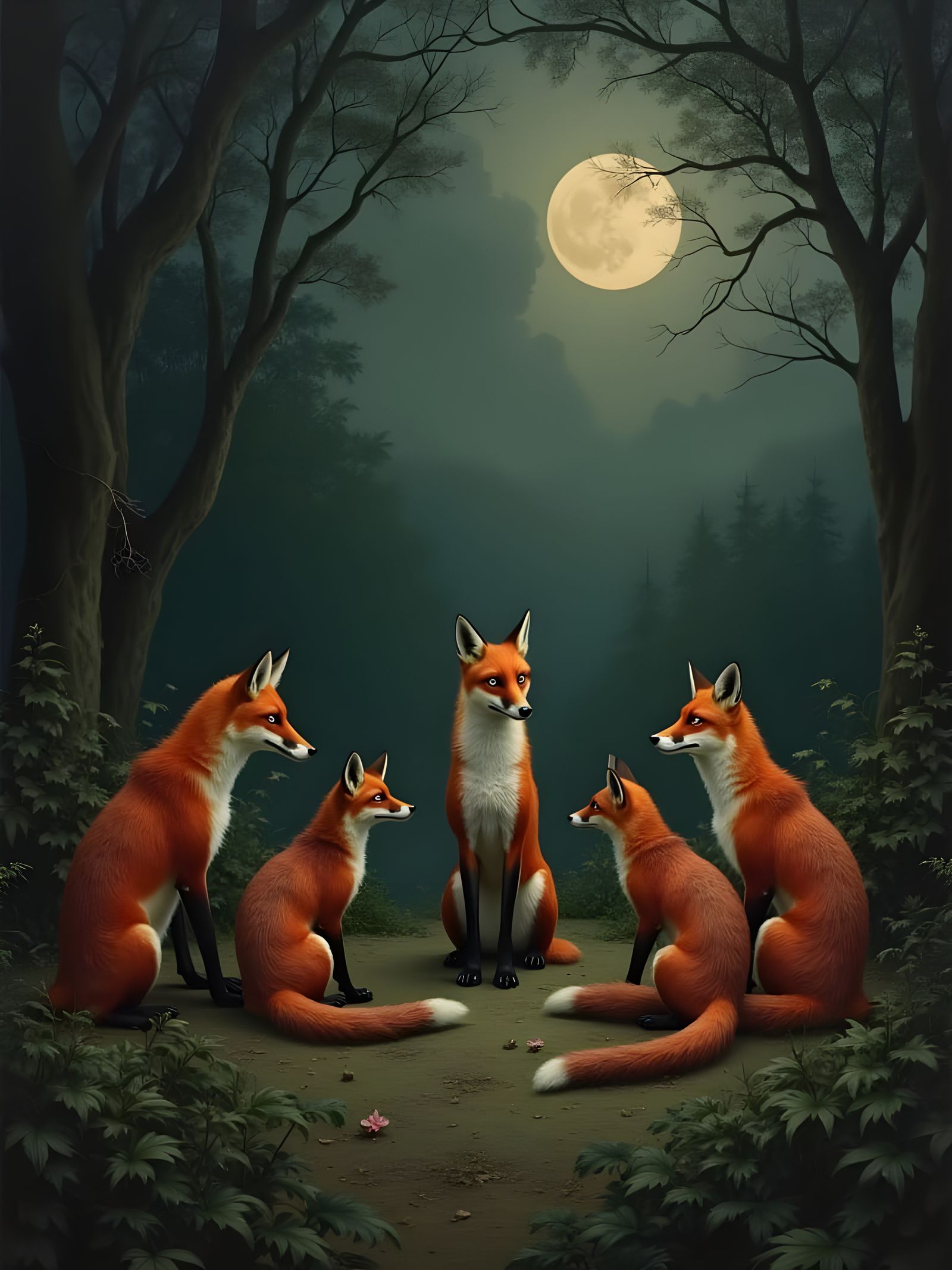 Mysterious Victorian Fox Gathering in the Moonlit Forest