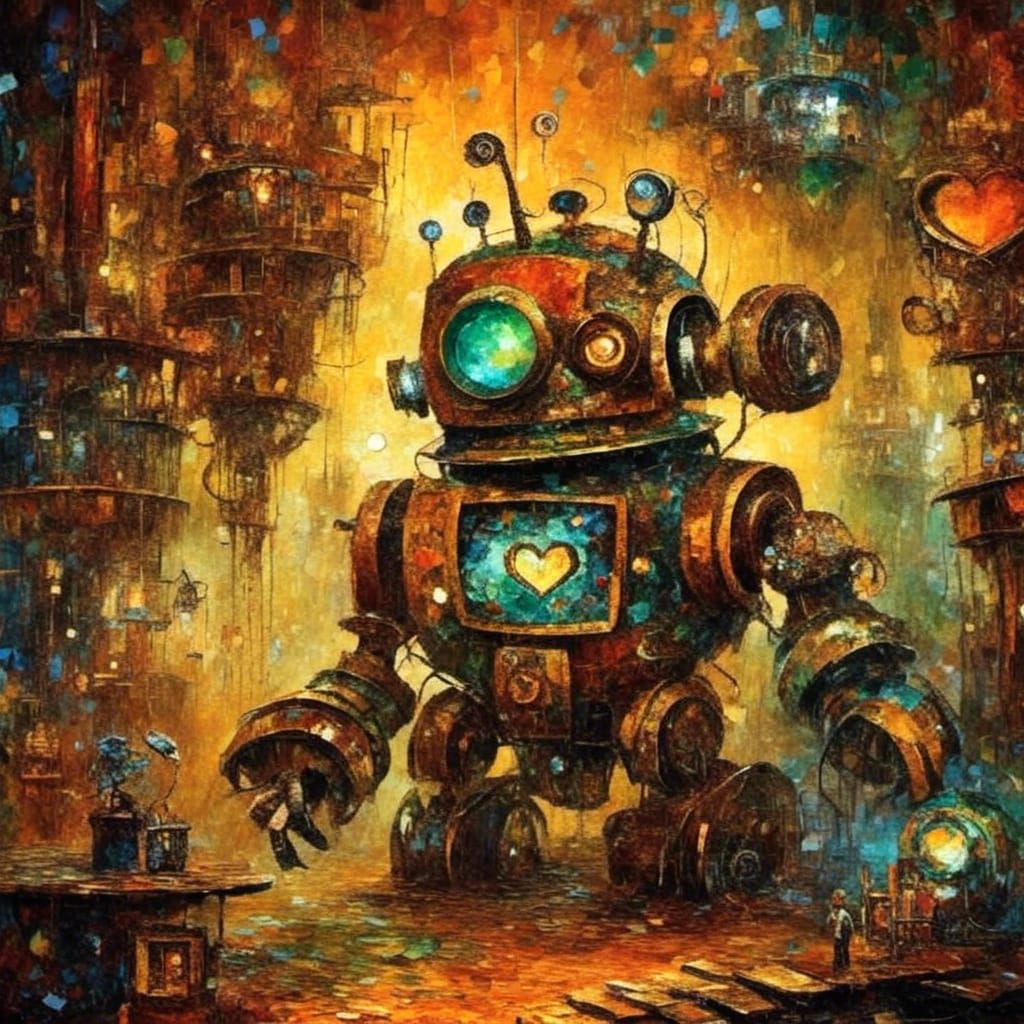 Cute Robot Builds Loveheart in Factory Illustration