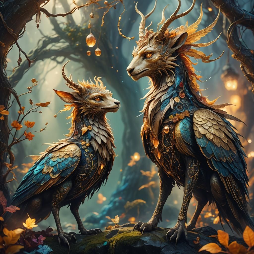 Mystical Creatures in Whimsical Environment: Fantasy Concept...