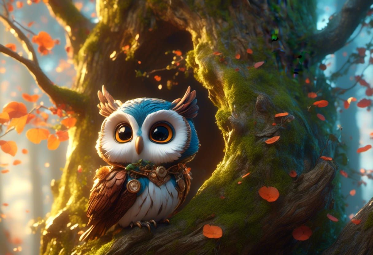 Chibi Owlbear Cub Portrait in Fantasy Greek Forest