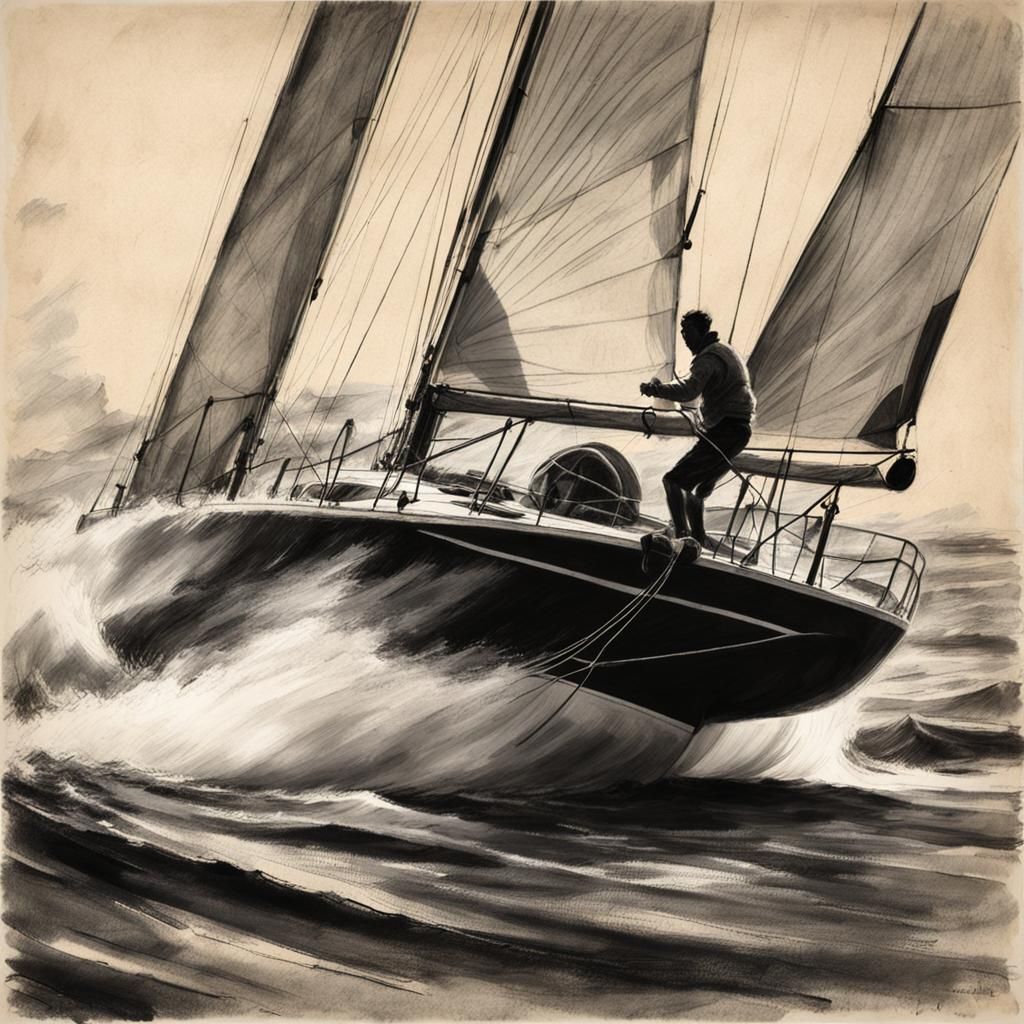 Dynamic Sailboat Charcoal Portrait on Old Paper