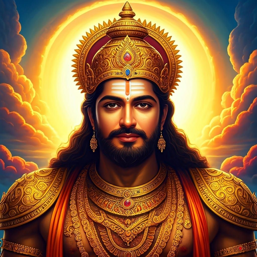 Regal Portrait of Lord Suriya Narayana in Golden Armor