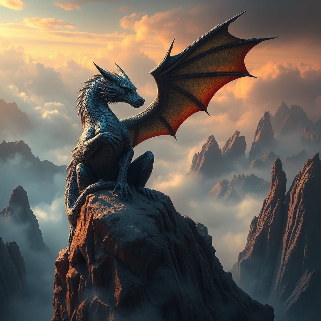 Majestic Wolf Dragon Perched on Cliff Edge